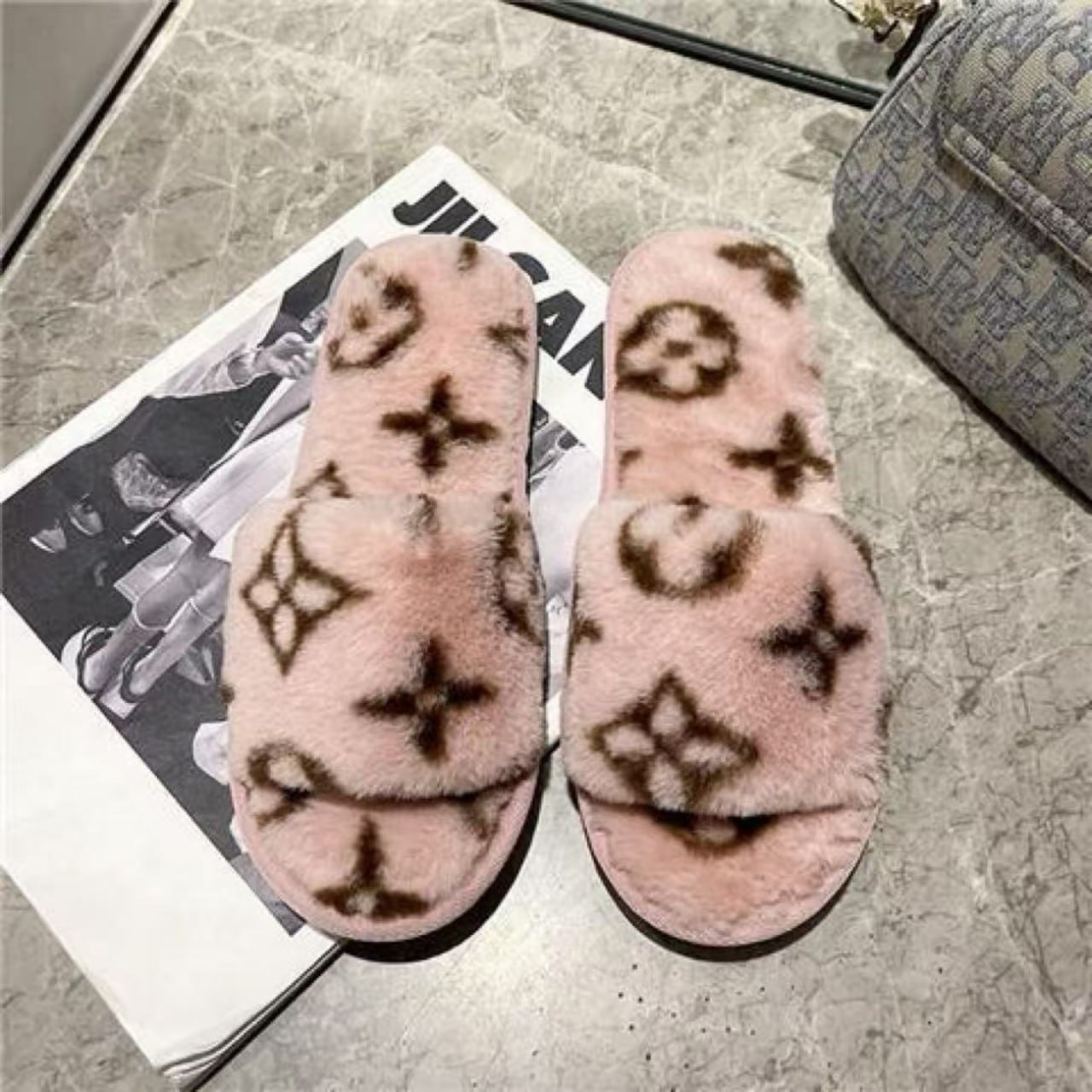 Louis Vuitton Monogram Faux Fur Slippers
