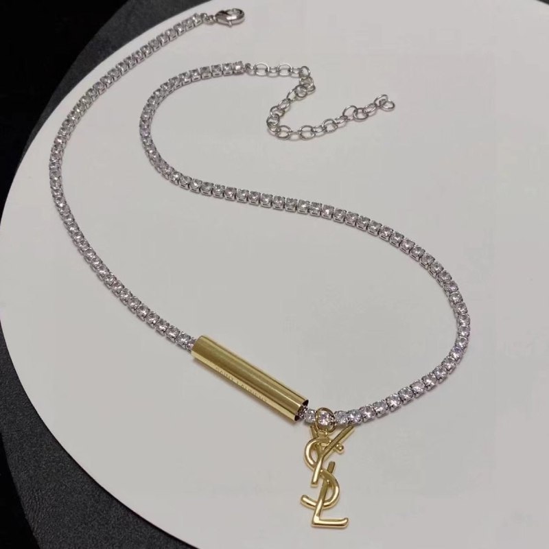 Saint Laurent Monogram Crystal Chain Necklace