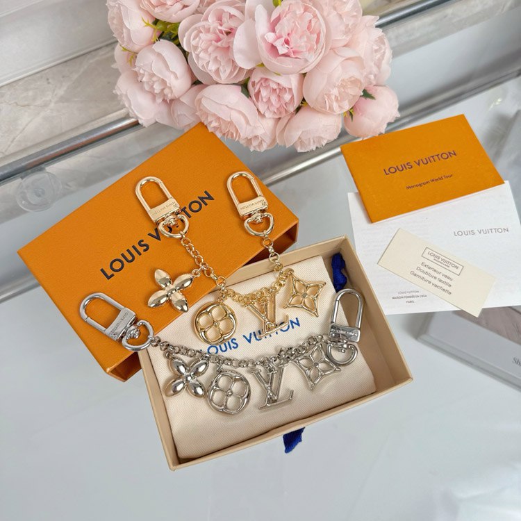 Louis Vuitton Monogram World Tour Metal Chain Keychain with Flower and Letter Charms [2 styles]